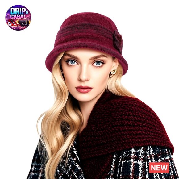 Accessories - Acrylic Knit Bucket Hat with Floral Embellishment, Vintage Cloche Style